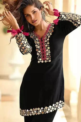 Embroidered black silk blend readymade salwar kameez