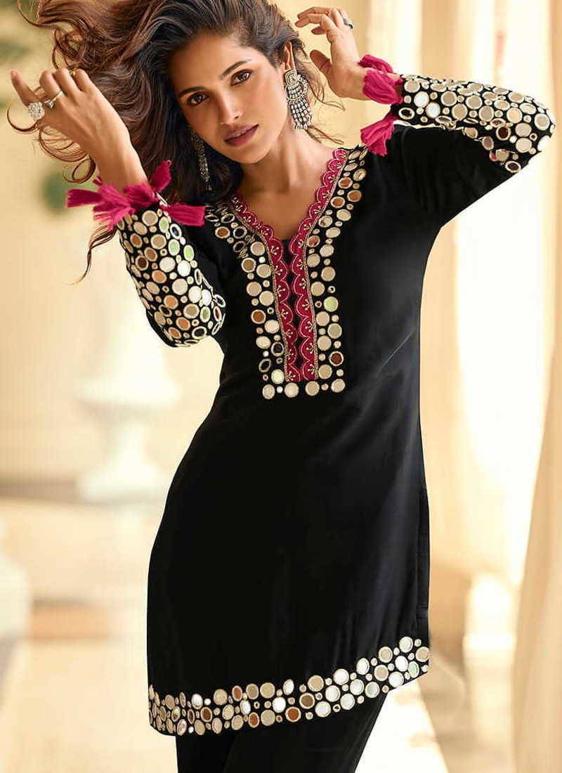 Embroidered black silk blend readymade salwar kameez
