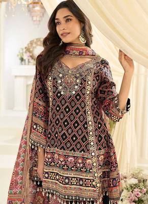 Black crepe silk readymade suit with aari & digital print work 2