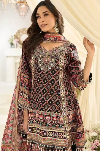 Black crepe silk readymade suit with aari & digital print work