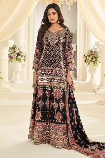 Black crepe silk readymade suit with aari & digital print work