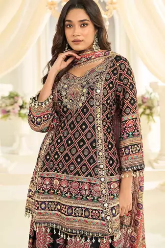 Black crepe silk readymade suit with aari & digital print work
