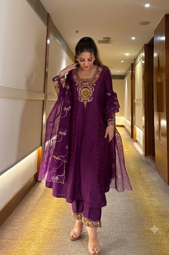 Royal Purple Embroidered Anarkali Suit Set with Matching Pants & Dupatta
