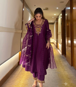 Royal Purple Embroidered Anarkali Suit Set with Matching Pants & Dupatta