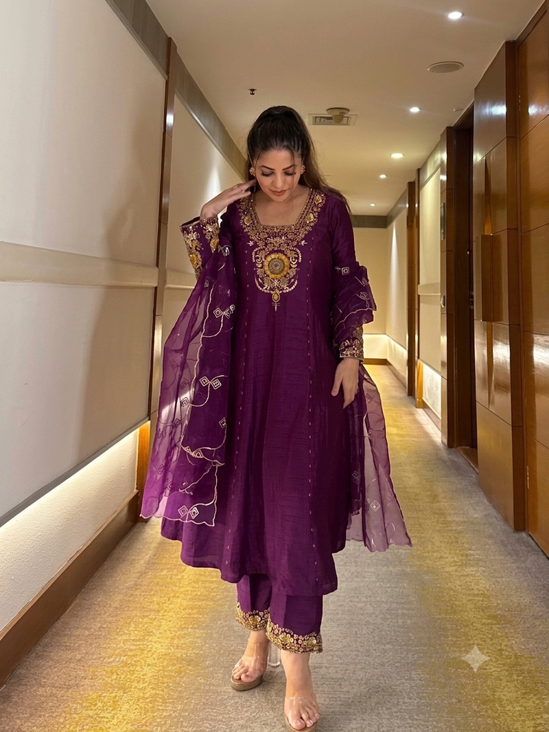 Royal Purple Embroidered Anarkali Suit Set with Matching Pants & Dupatta