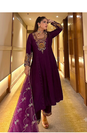 Royal Purple Embroidered Anarkali Suit Set with Matching Pants & Dupatta 2