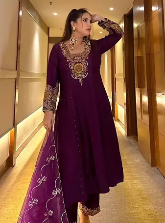 Royal Purple Embroidered Anarkali Suit Set with Matching Pants & Dupatta