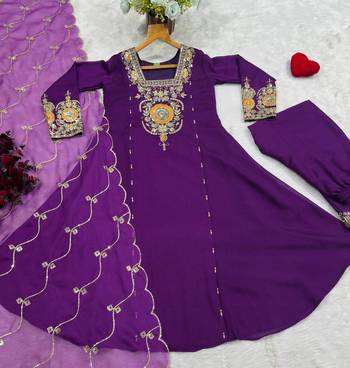 Royal Purple Embroidered Anarkali Suit Set with Matching Pants & Dupatta 5