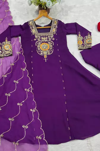 Royal Purple Embroidered Anarkali Suit Set with Matching Pants & Dupatta