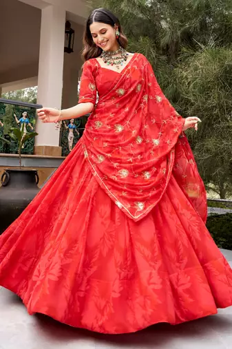 Regal Coral Red Navratri Wear Lehenga Choli With Embroidered Dupatta