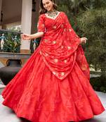 Regal Coral Red Navratri Wear Lehenga Choli With Embroidered Dupatta
