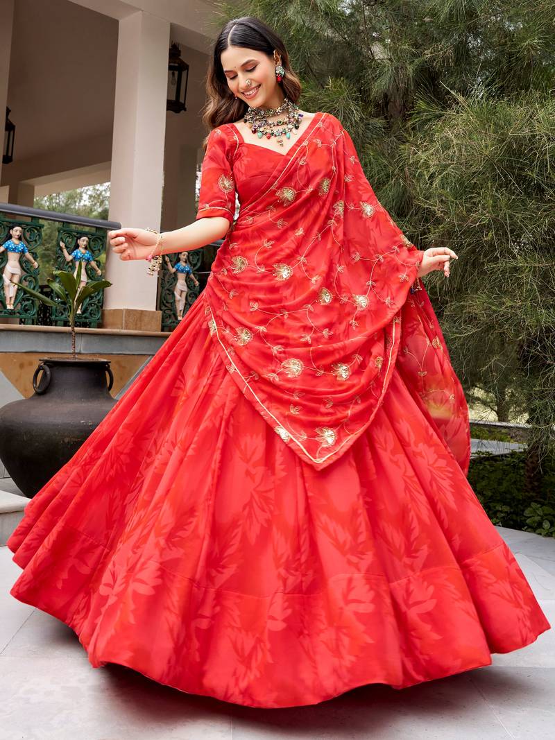 Regal Coral Red Navratri Wear Lehenga Choli With Embroidered Dupatta