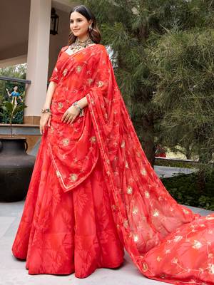 Regal Coral Red Navratri Wear Lehenga Choli With Embroidered Dupatta 2