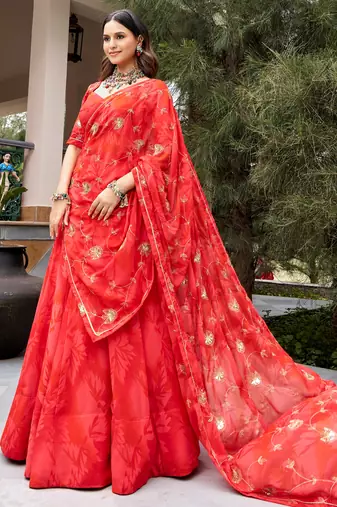 Regal Coral Red Navratri Wear Lehenga Choli With Embroidered Dupatta