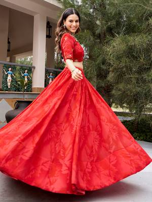 Regal Coral Red Navratri Wear Lehenga Choli With Embroidered Dupatta 3
