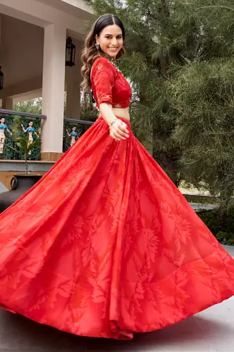 Regal Coral Red Navratri Wear Lehenga Choli With Embroidered Dupatta
