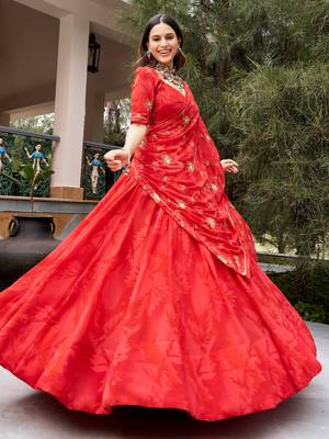 Regal Coral Red Navratri Wear Lehenga Choli With Embroidered Dupatta 4