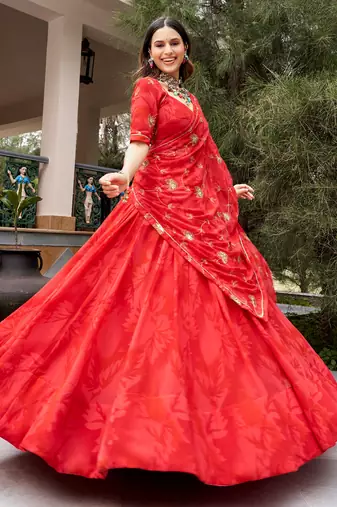 Regal Coral Red Navratri Wear Lehenga Choli With Embroidered Dupatta