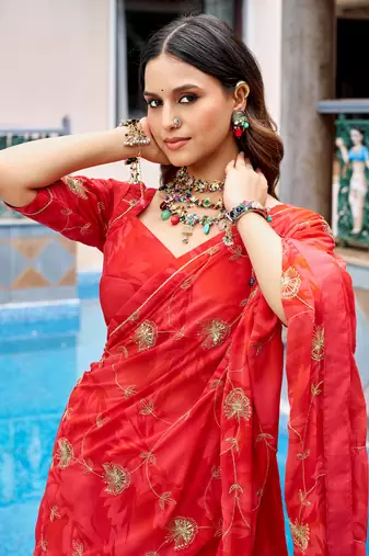 Regal Coral Red Navratri Wear Lehenga Choli With Embroidered Dupatta