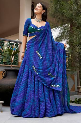 Great Navy Blue Mirror Work Georgette Navratri Special Lehenga Choli