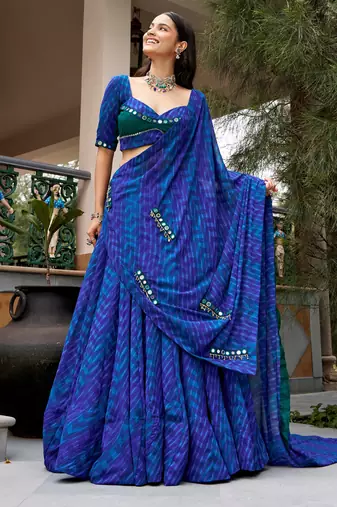 Great Navy Blue Mirror Work Georgette Navratri Special Lehenga Choli