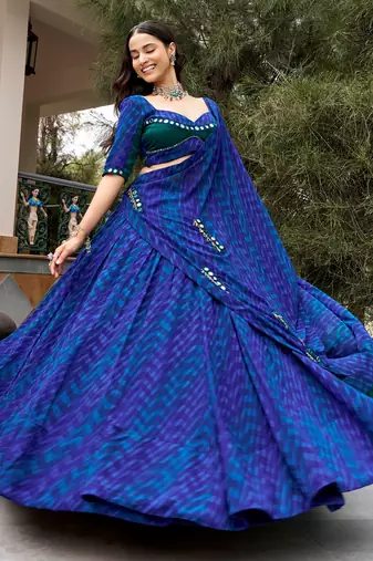 Great Navy Blue Mirror Work Georgette Navratri Special Lehenga Choli