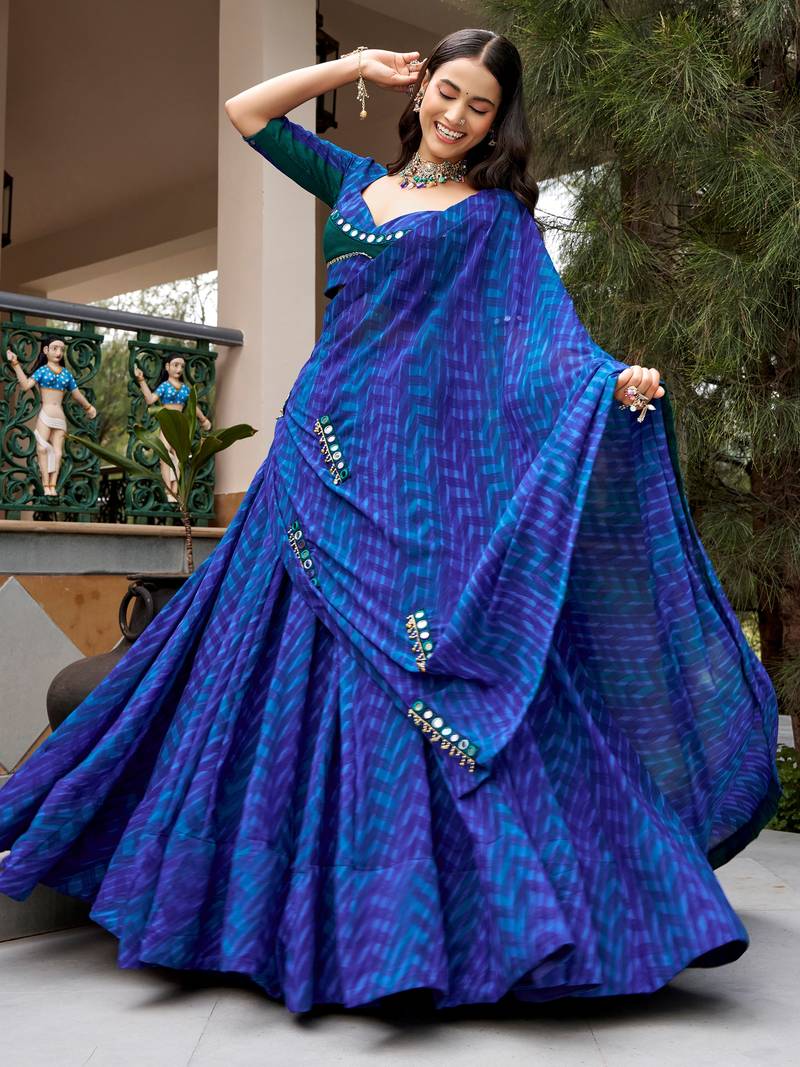 Great Navy Blue Mirror Work Georgette Navratri Special Lehenga Choli