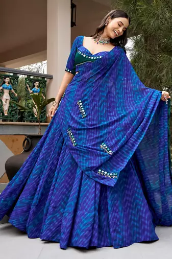 Great Navy Blue Mirror Work Georgette Navratri Special Lehenga Choli