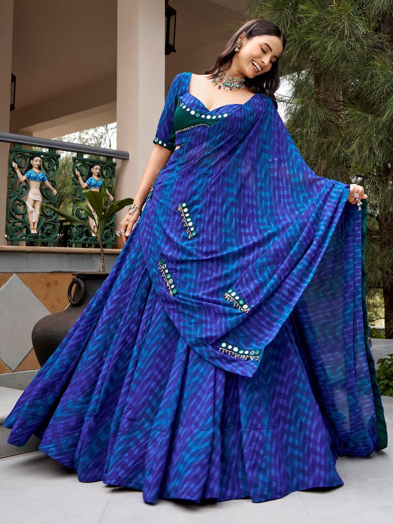 Great Navy Blue Mirror Work Georgette Navratri Special Lehenga Choli