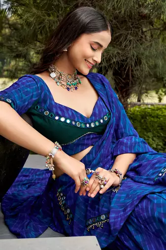 Great Navy Blue Mirror Work Georgette Navratri Special Lehenga Choli