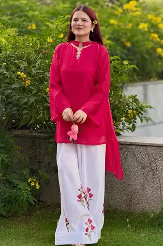 Elegant pink  kurta with white embroidered palazzo pants
