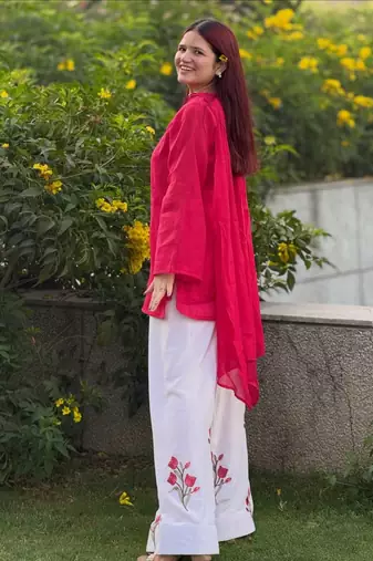 Elegant pink  kurta with white embroidered palazzo pants