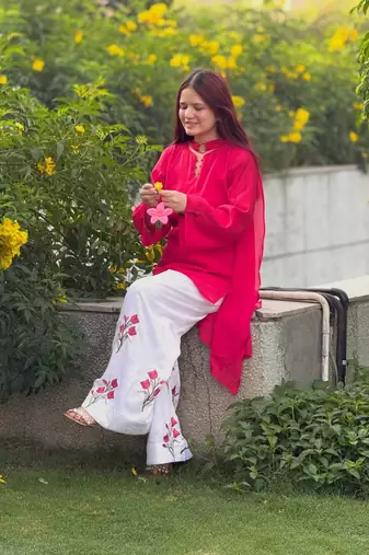 Elegant pink  kurta with white embroidered palazzo pants