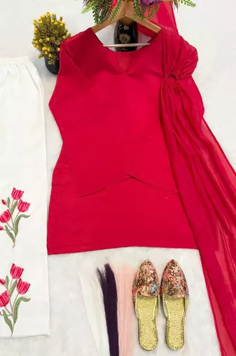 Elegant pink  kurta with white embroidered palazzo pants
