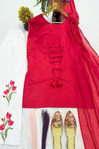 Elegant pink  kurta with white embroidered palazzo pants