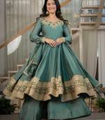 Women’s teal green anarkali gown with heavy embroidered border & palazzo set