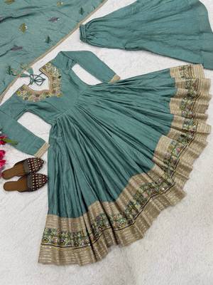 Women’s teal green anarkali gown with heavy embroidered border & palazzo set 4