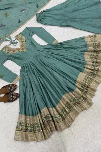 Women’s teal green anarkali gown with heavy embroidered border & palazzo set