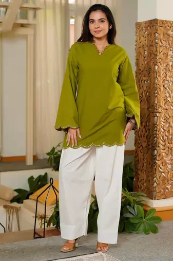 Green embroidered top & farshi salwar set for women
