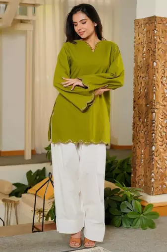 Green embroidered top & farshi salwar set for women
