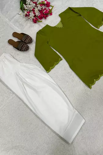 Green embroidered top & farshi salwar set for women