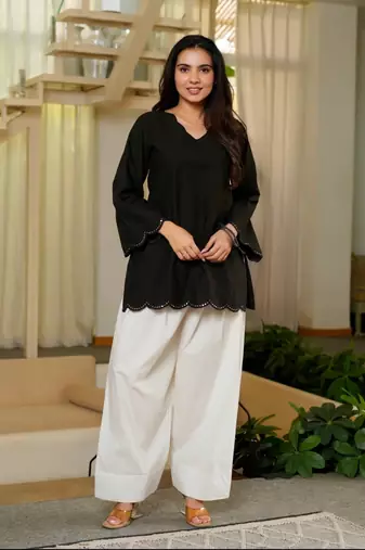 Black embroidered top & farshi salwar set for women