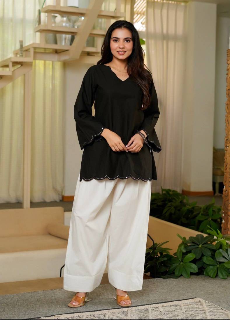 Black embroidered top & farshi salwar set for women