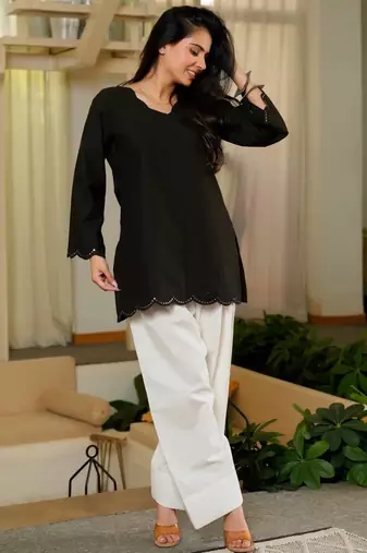 Black embroidered top & farshi salwar set for women