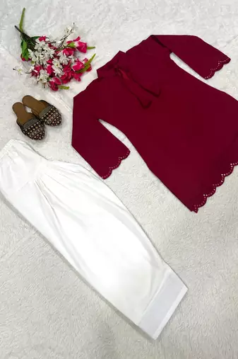 Pink embroidered top & farshi salwar set for women