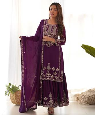 Women's Gorgeous Embroidery Work Chinon Silk Fabric Straight Kurta Sharara and Dupatta Set 1