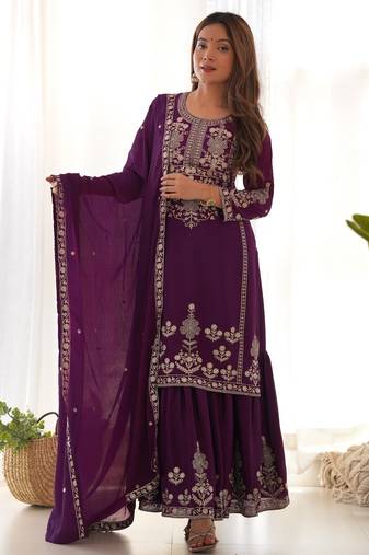Women's Gorgeous Embroidery Work Chinon Silk Fabric Straight Kurta Sharara and Dupatta Set