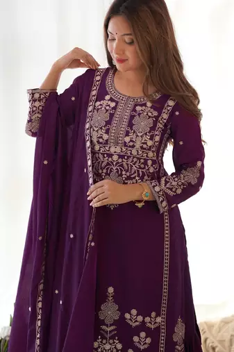 Women's Gorgeous Embroidery Work Chinon Silk Fabric Straight Kurta Sharara and Dupatta Set
