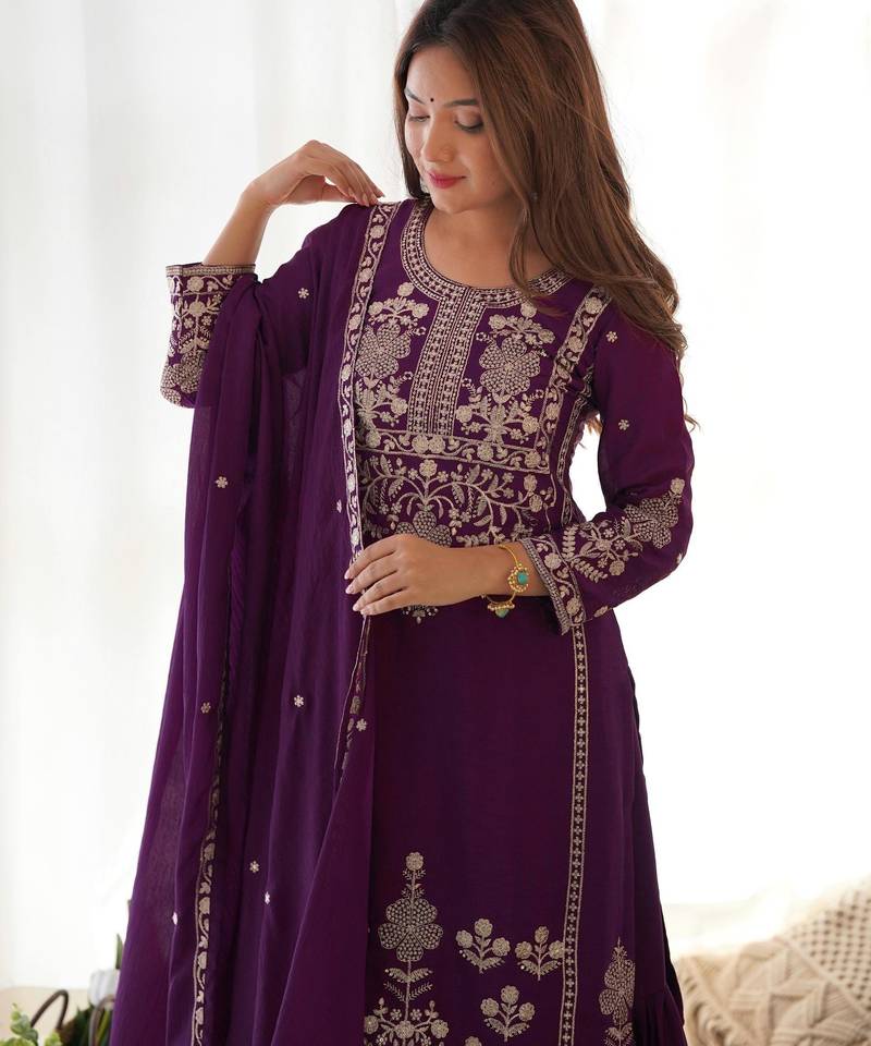 Women's Gorgeous Embroidery Work Chinon Silk Fabric Straight Kurta Sharara and Dupatta Set