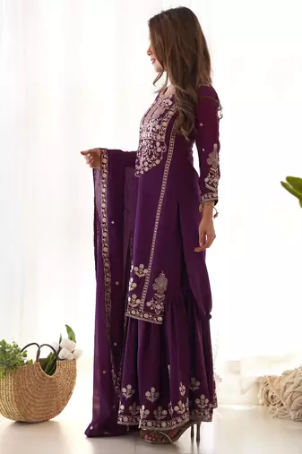 Women's Gorgeous Embroidery Work Chinon Silk Fabric Straight Kurta Sharara and Dupatta Set